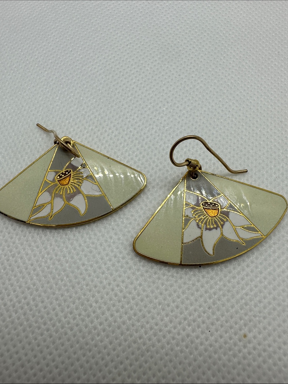 Laurel Burch Floral Fan Drop Earrings - Pale Yellow & Gray Enamel